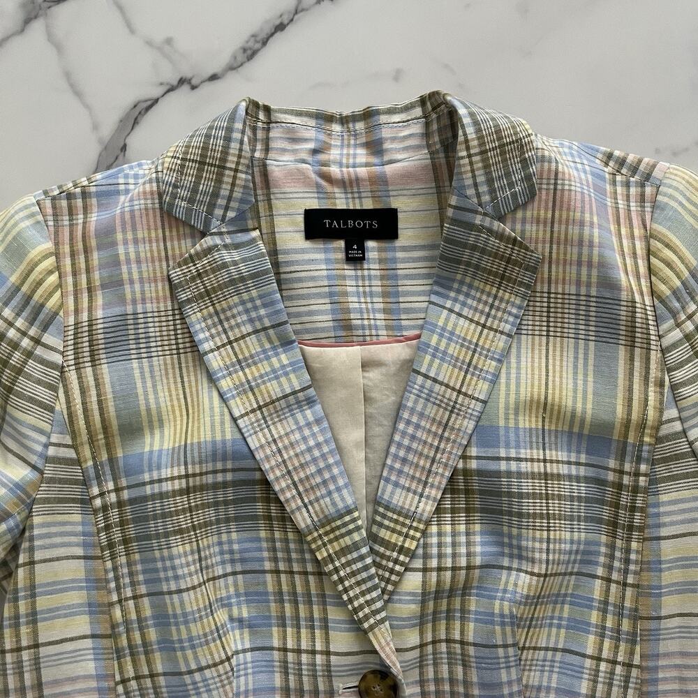 Talbots Linen cotton blend Blazer Pastel Plaid Sz 4 classic chic Coastal Jacket - Picture 6 of 11